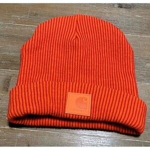 2025 Carhartt Mens Knit Cuffed Plaited Beanie Logo OS Industry Orange Red Winter